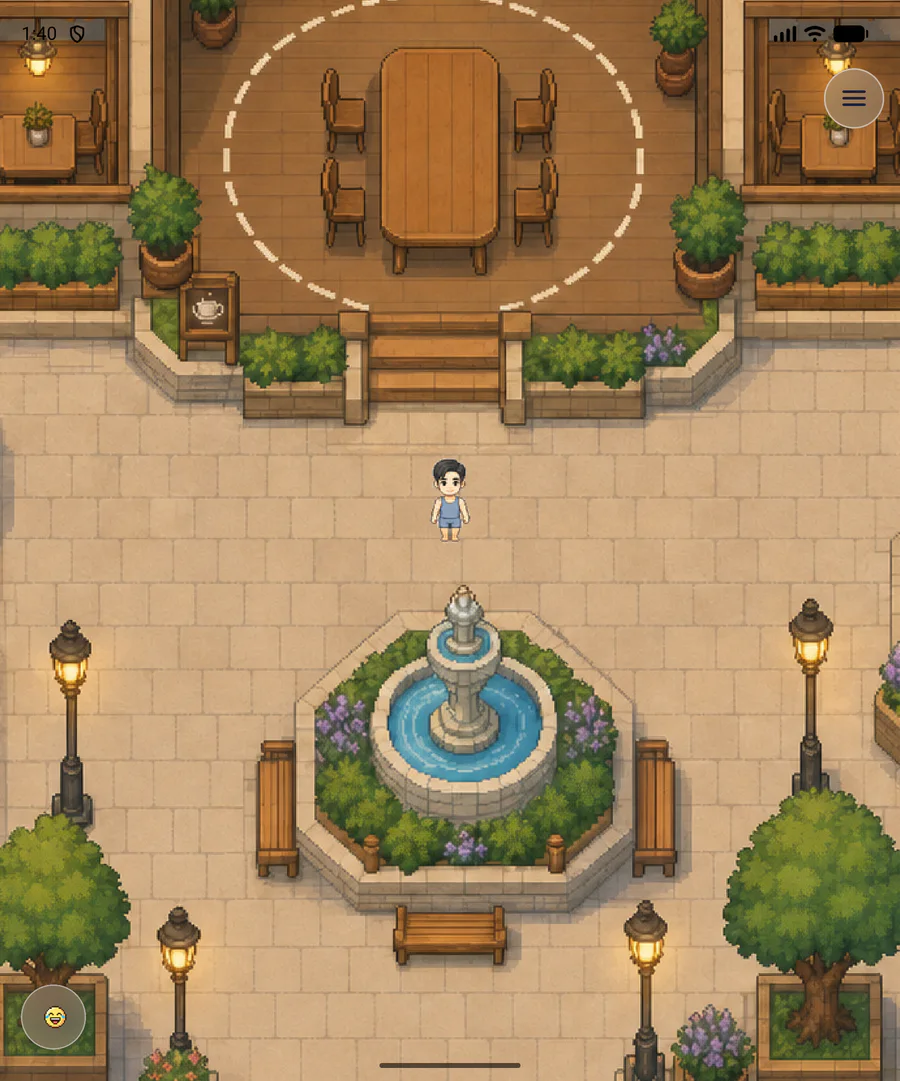 ZeluCity 픽셀 소셜 월드에서 아바타로 광장을 탐험하는 실제 앱 화면
